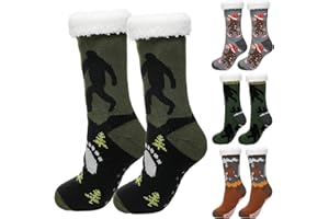 BONUCI 4 Pairs Christmas Sasquatch Slipper Socks Men with Grips Plush Nonskid Fuzzy Slipper Socks with Funny Designs Soft Warm Thick Novelty for Sasquatch Enthusiasts Winter Holiday Stocking Stuffer Gifts