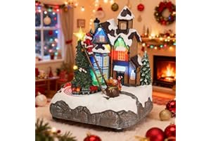 PETAFLOP Christmas Village Houses with Rotating Train, LED Lighted Musical Christmas House Decorations, Resin Xmas Gift for Family Kids Indoor Tabletop Display