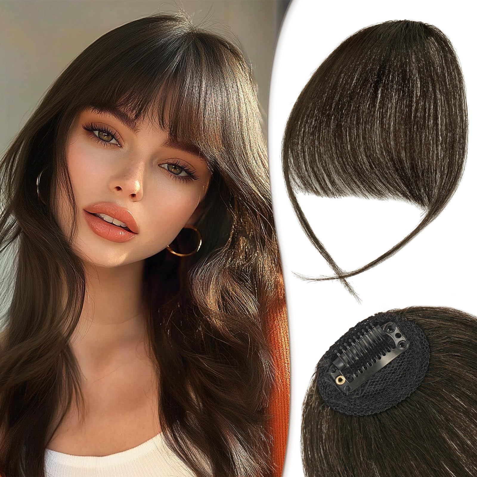 RUWISS Clip in Fringe 100% Human Hair Clip in Bangs Wispy Bangs Fringe with Temples Fringe Extensions Clip in Hair for Women Bangs Hairpieces for Daily Wear(Dark Natural Brown) — image 1
