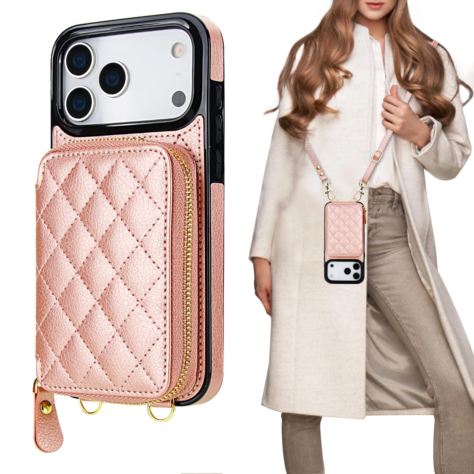 Bocasal Crossbody Wallet Case for iPhone 17 Pro Max, RFID Blocking PU Leather Zipper Handbag Purse Flip Cover, Kickstand Folio Case with Card Slots Holder Wrist Strap Lanyard 5G 6.9 Inch (Rose Gold)