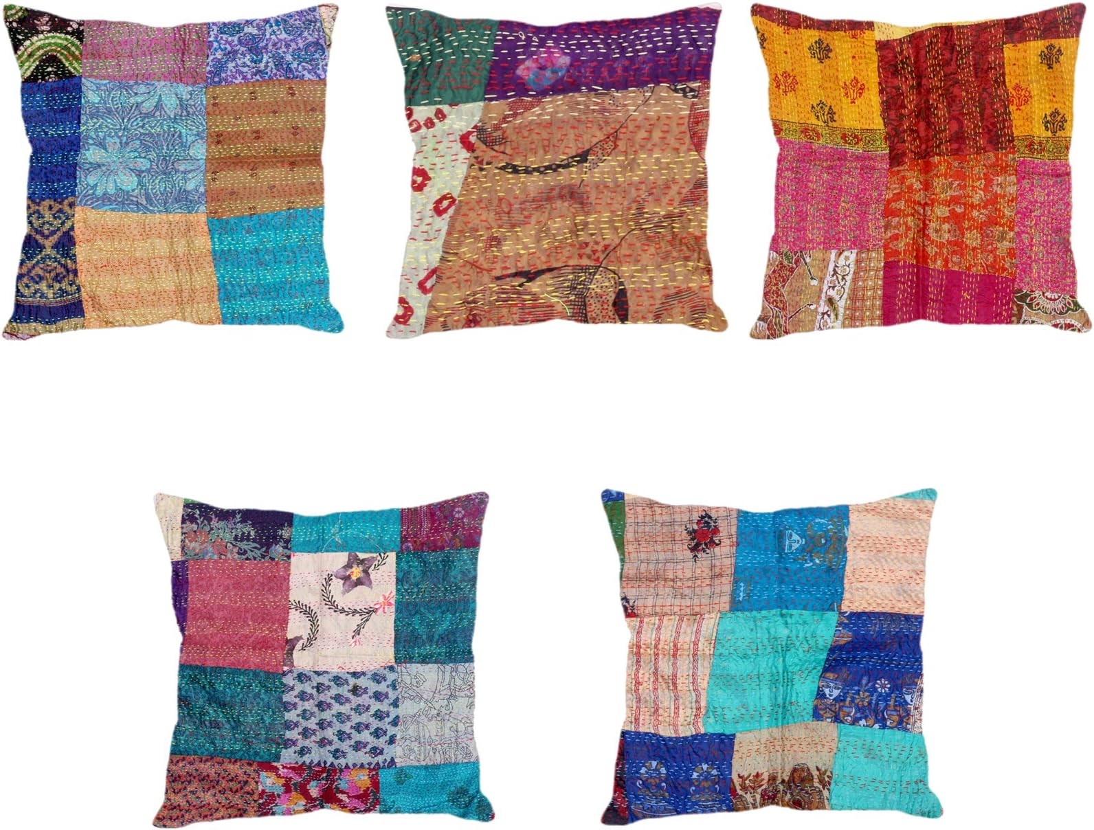 Indistar Set of 5 Throw Pillow Cover | Silk Patchwork Cushion Covers with Traditional Indian Kantha Work | Decorative Cushion Covers, 18 x 18 Inch-93100-487-IW-P5