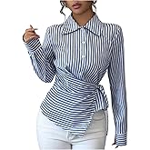 MakeMeChic Women's Striped Wrap Button Down Shirt Tie Side Long Sleeve Business Blouse