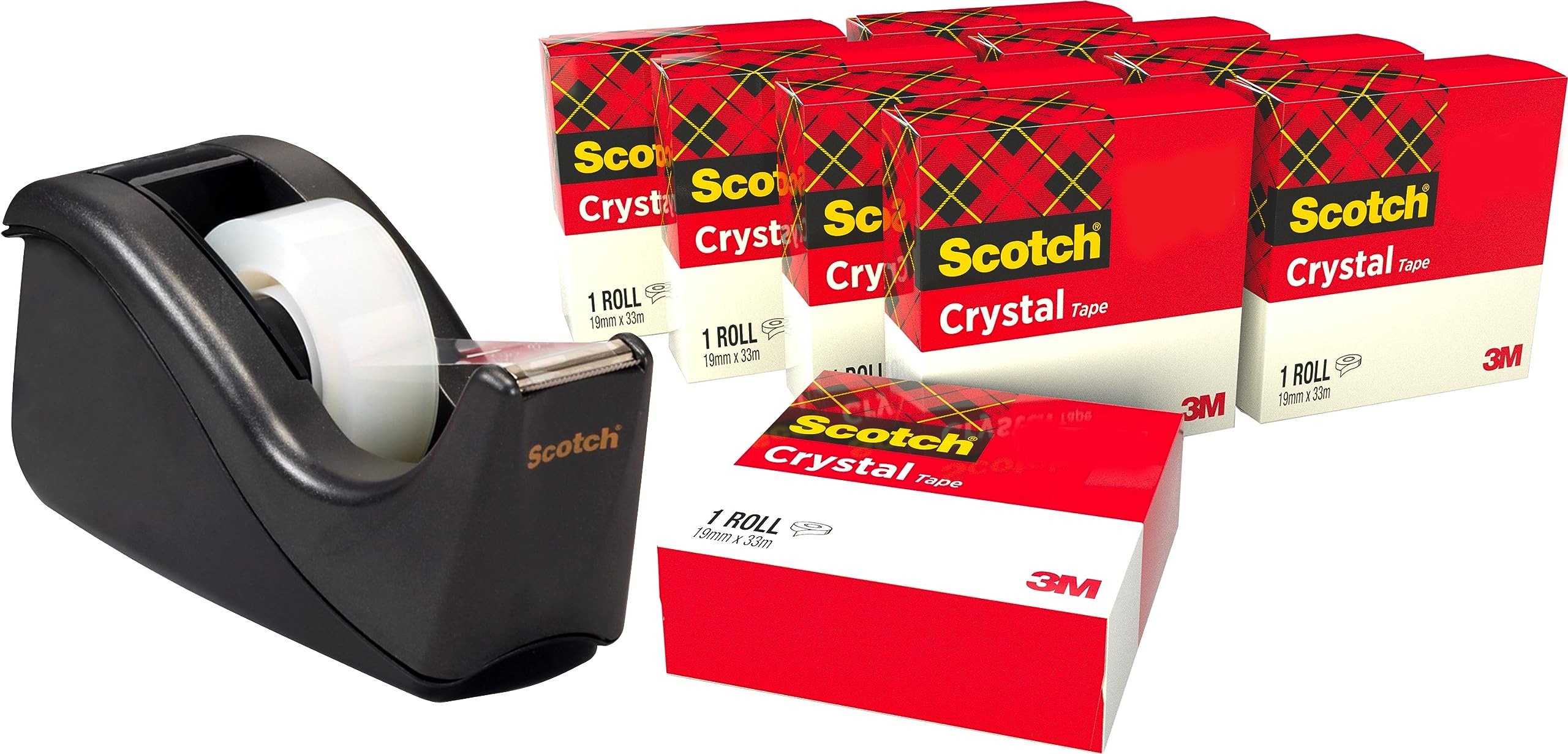 Scotch Tape Dispenser C60, Black + Scotch Crystal Tape, 10 Rolls 19 mm x 33 m - Provides a Strong and Permanent Bond