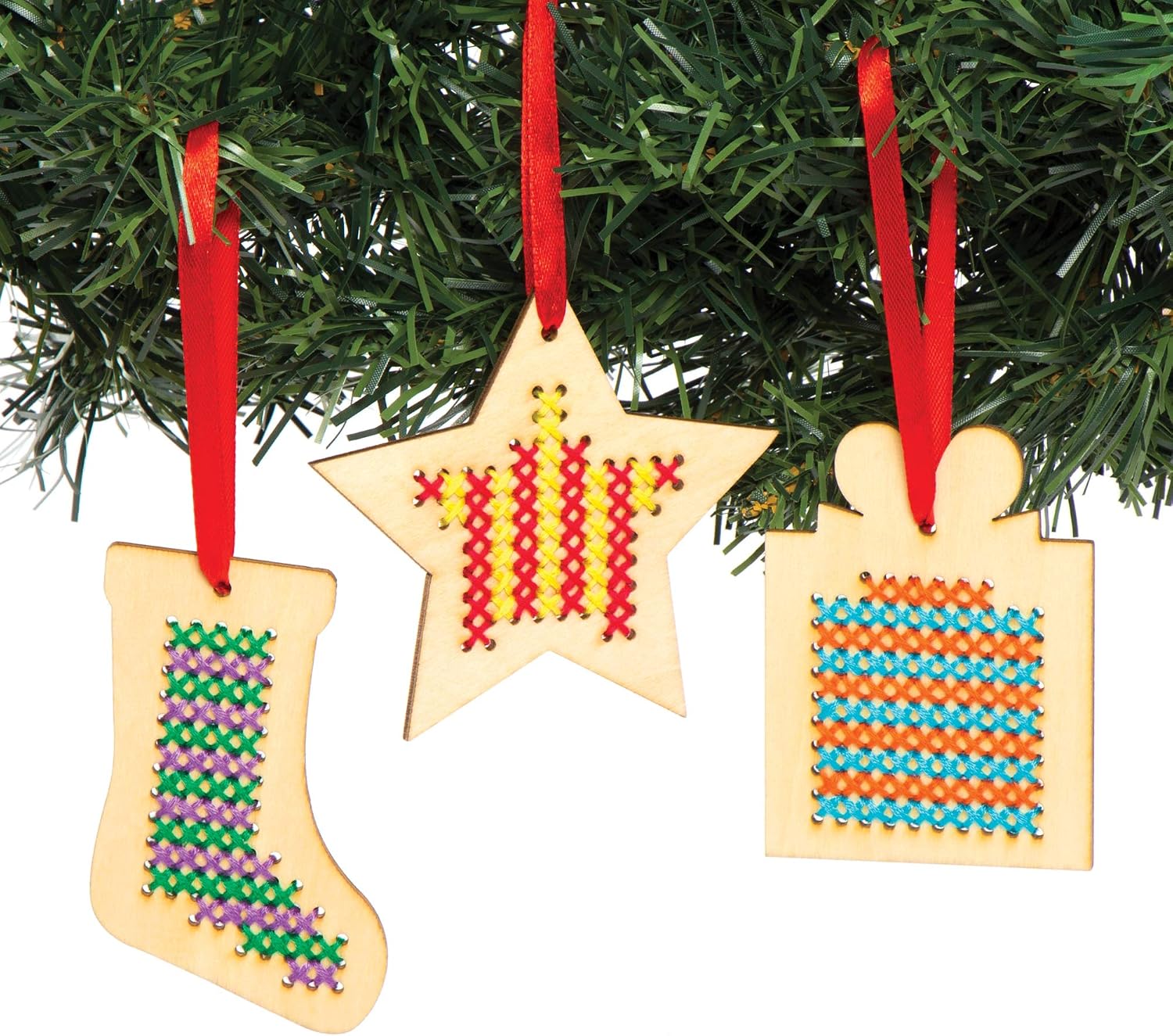 Baker Ross AC505 Christmas Wooden Decoration Cross Stitch Kits (Pack of 6), Assorted, 7cm-9cm wide - Image 4