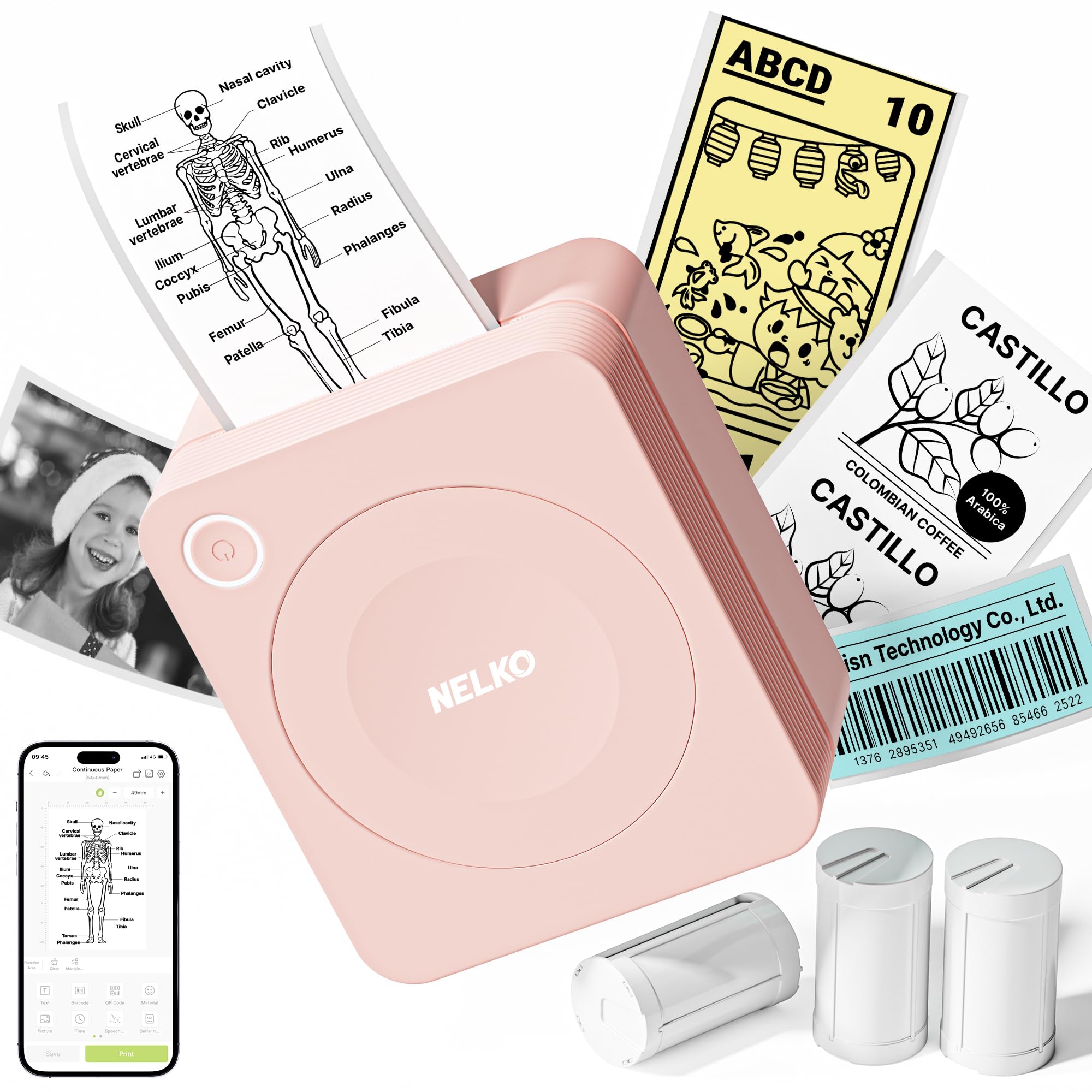 Photo 1 of Nelko Sticker Printer, PM230 Print Pod Mini Bluetooth Portabel Sticker Maker with 3 Rolls Paper, Print Pods Mini Printer with Multiple Templates for Phone & Tablet?for School Office Home, Pink
