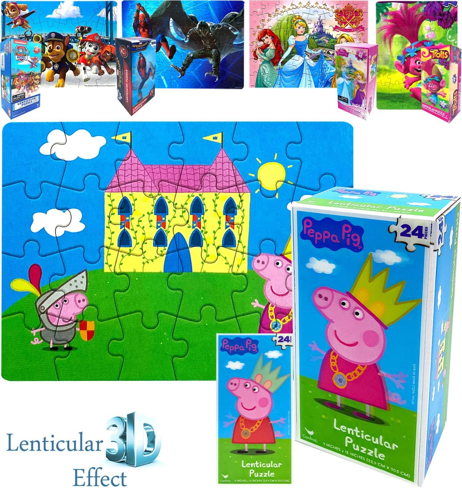 Disney Character Lovely Pink Peppa 3D Illusion Effect Lenticular Puzzles Gift Box 24 Pieces Preschool Toddler Educational Learning Toy Games for Kids Girls Boys