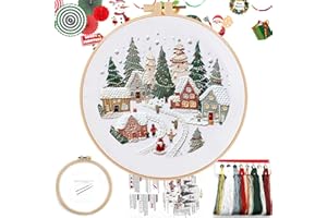FONNUY Crewel Christmas Embroidery Kit for Beginners, Cross Stitch Set Winter Snow Scene Pine Owl Pattern for Adults, Easy to Follow Color Thread Needlework, 8'' Hoop (Snow Village)