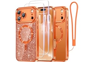 Meifigno Designed for iPhone 17 Pro Max Case 6.9", [Glitter Card & Wrist Strap] [Compatible with MagSafe] [2X HD Screen Protectors] Surround Raised Lens Protection for 17 ProMax Case, Cosmic Orange