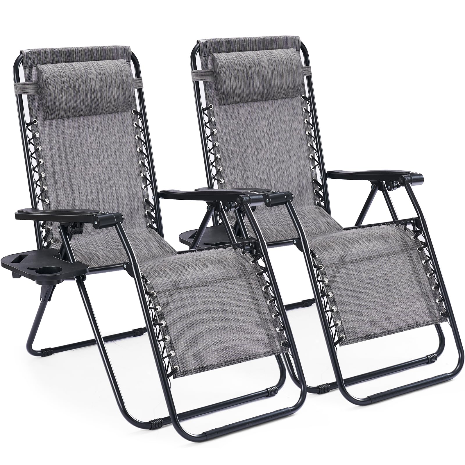 Sweetcrispy Zero Gravity Chairs, Set of 2 Portable Recliner Beach Camping Patio Outdoor Folding Lounge Chair with Cup Holder Trays and Adjustable Pillow for Poolside, Garden, Backyard, Lawn (Grey) Image