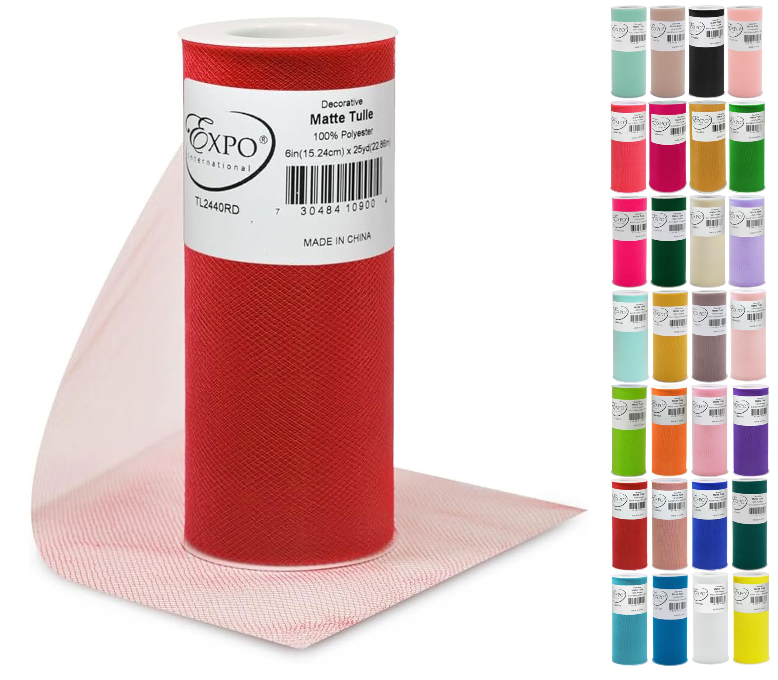 Expo International Decorative Matte Tulle, Roll/Spool of 6 Inches X 25 Yards, Polyester-Made Tulle Fabric, Matte Finish, Lightweight, Versatile, Washable, Easy-to-Use | Red