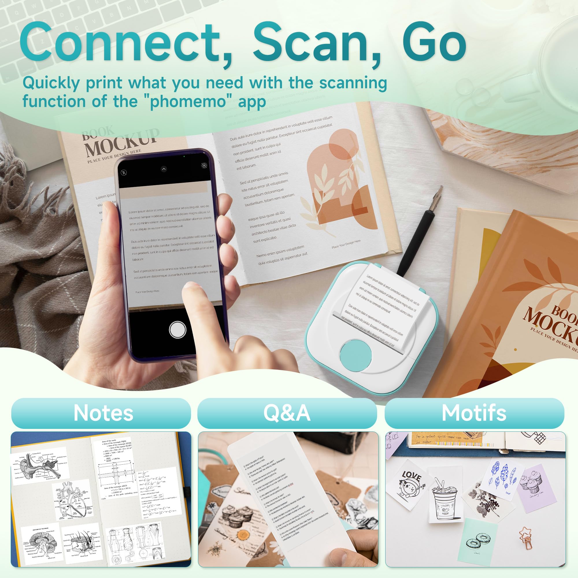 Phomemo Q02 Mini Drucker, Tiny Printer für Studium, Notizen, Bilder, Fotos, Tagebücher, Heimwerken, Sticker Drucker Kompatibel mit Telefon & Tablet, Handy Druckers mit 3 Rollen Papier, Grün 6
