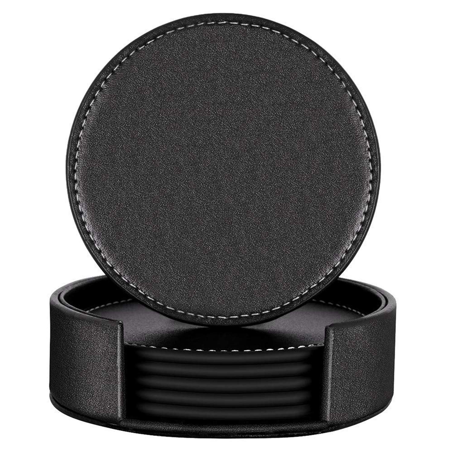 Famibay Coasters with Holder Set of 6 Heat Resistant Black PU Leather Coasters Round Drink Coaster Set Cup Mats