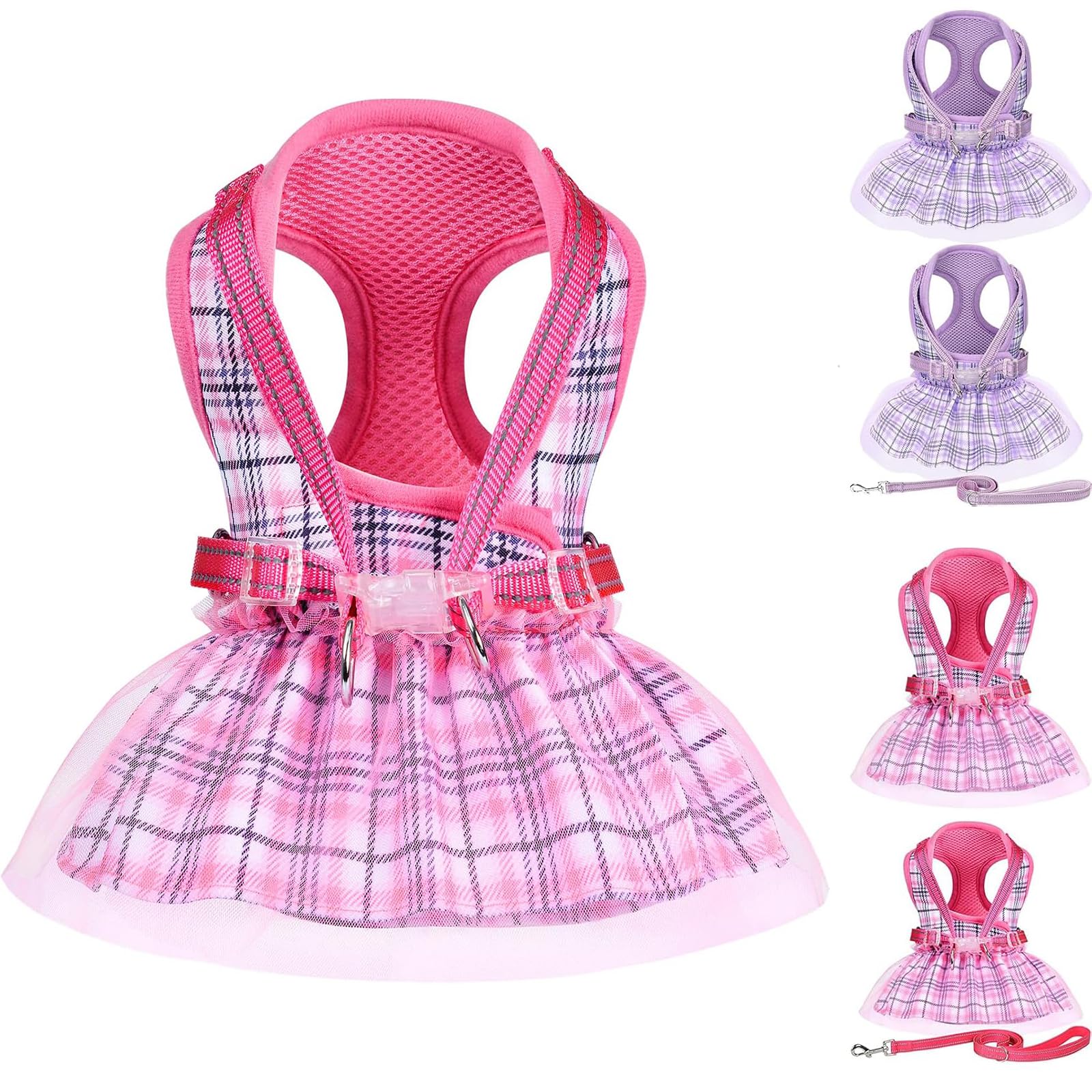 Photo 1 of Small Dog Dress Harness Girl Female, No Pull Harnesses Outfit Apparel, Medium Summer Adjustable Puppy Plaid Skirt Vest Cat Clothes(Pink Dress, XS)