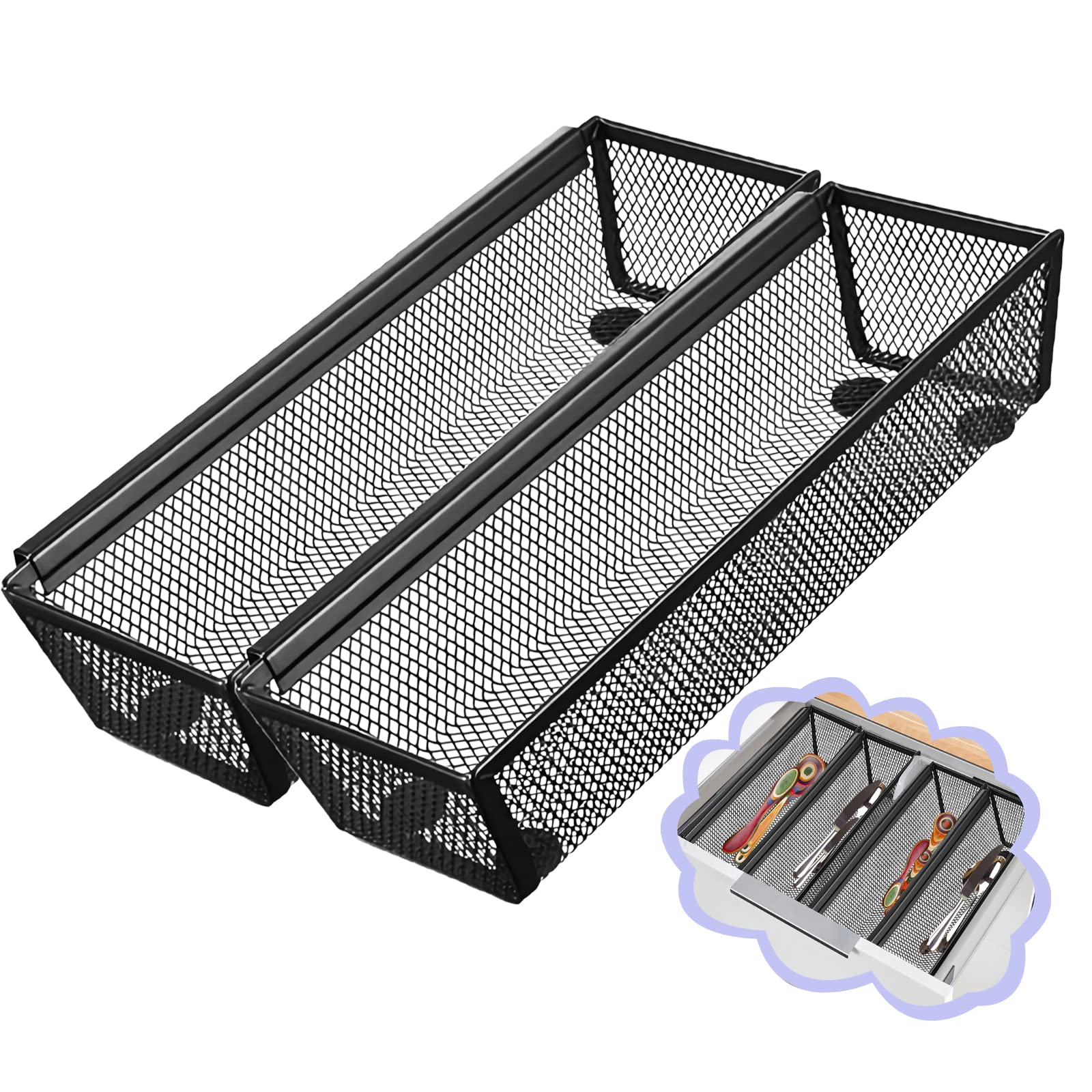 Photo 1 of Fodofodo 2PCS Drawer Organizer, Mesh Drawer Organizer with Interlocking Arm for Utensil, Cosmetic, Flatware, Pen (9 * 3 * 2 Inches, Black)