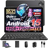 Android 15 Tablet 10 Inch with Keyboard Mouse, Octa-core CPU,RAM 18GB, ROM 128GB (Up to 1 TB), 800x1280 Widevine L1, WiFi 6 &