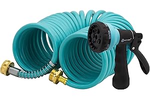 AUTOMAN EVA Recoil Garden Hose 25ft - Includes 7 Pattern Spray Nozzle,Curly Water Hose 25 Foot,Watering Coil,Retractable,Corrosion Resistant Garden Coil Hose.