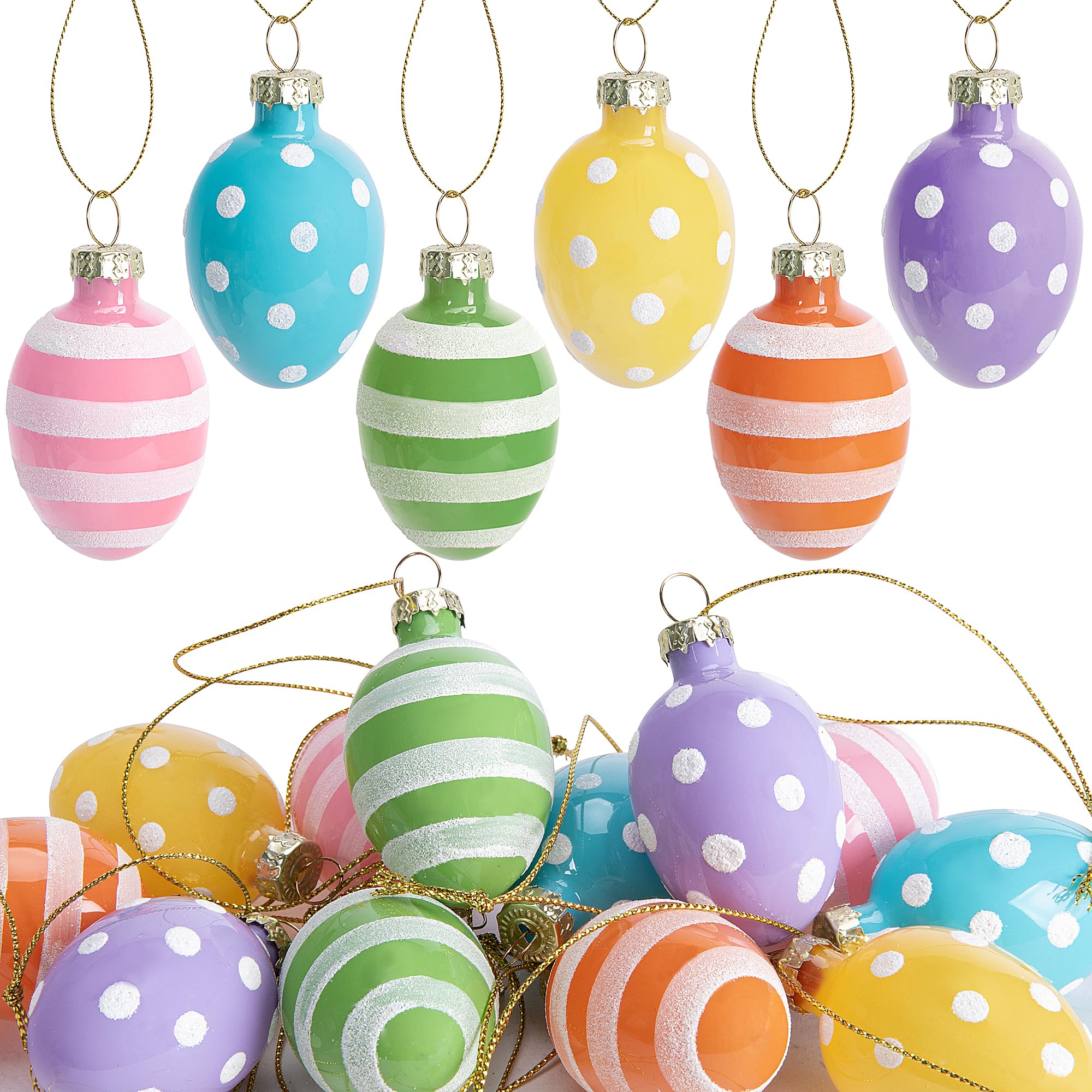Photo 1 of 12 Pcs Glass Easter Hanging Eggs- 1.8 Inch Easter Eggs Hanging Ornaments- Dots Stripes Easter Decorations Eggs Tree Ornaments for Party Birthday Home Garden Decoration