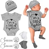 Toulite NICU Preemie Baby Gift Set I'm Little Fighter Preemie Baby Hat and Bodysuit Cotton Socks with Keychain Coin