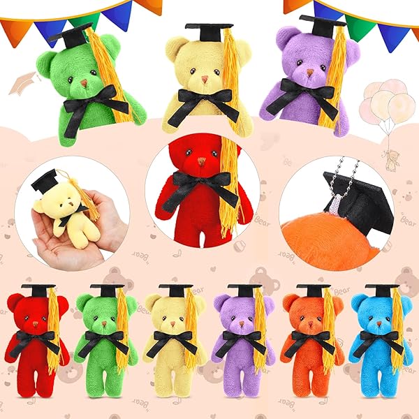 SOTIFF 24 PCS MINI GRADUATION BEAR PLUSH GIFT STUFFED ANIMAL WITH CAP GIFT FOR HER, FOR HIM, CLASS OF 2026 GRADUATION PRESENT FOR COLLEGE HIGH SCHOOL FOR DIY KEYCHAIN XMAS DECORATIONS(MULTICOLOR)