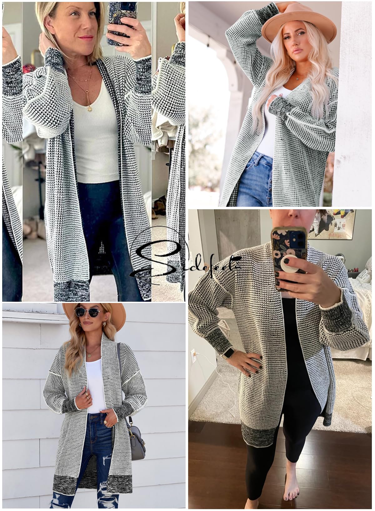 Sidefeel Womens 2025 Fall Outfits Long Sleeve Open Front Cardigan Sweaters Oversized Checkered Chunky Knit Sweaters Coat