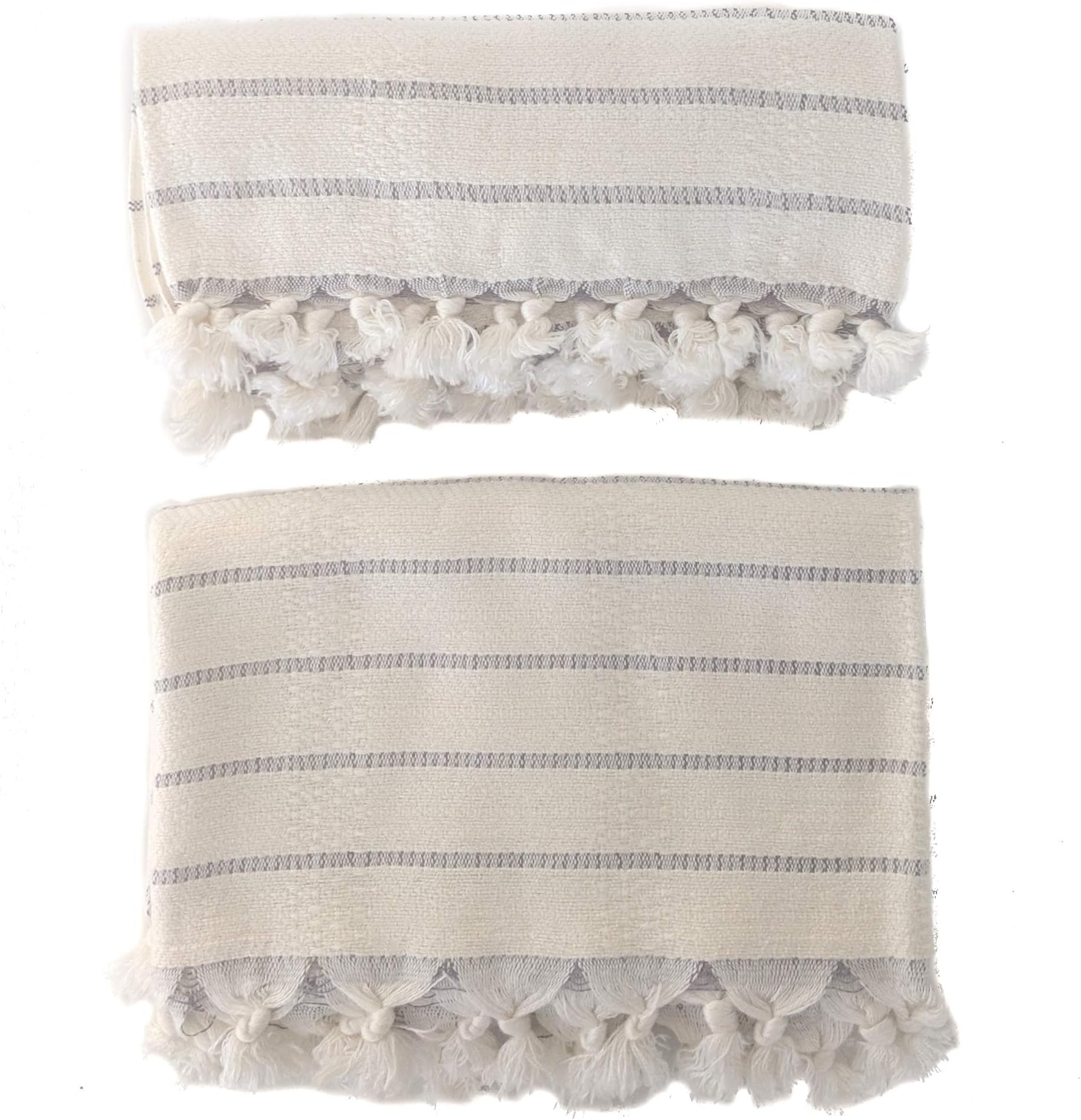 The Loomia Turkish Hand Towel Set of 2 - Deniz Series Made of Bamboo Cotton (Extra Large Size, Grey Stripes)
