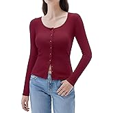 SUUKSESS Women Cotton Ribbed Long Sleeve Tops Button Down Crew Neck Lace Line Going Out Fitted Shirts