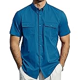 JOGAL Mens Button Down Short Sleeve Shirt Regular Fit Button Up Work Shirts with Two Pockets
