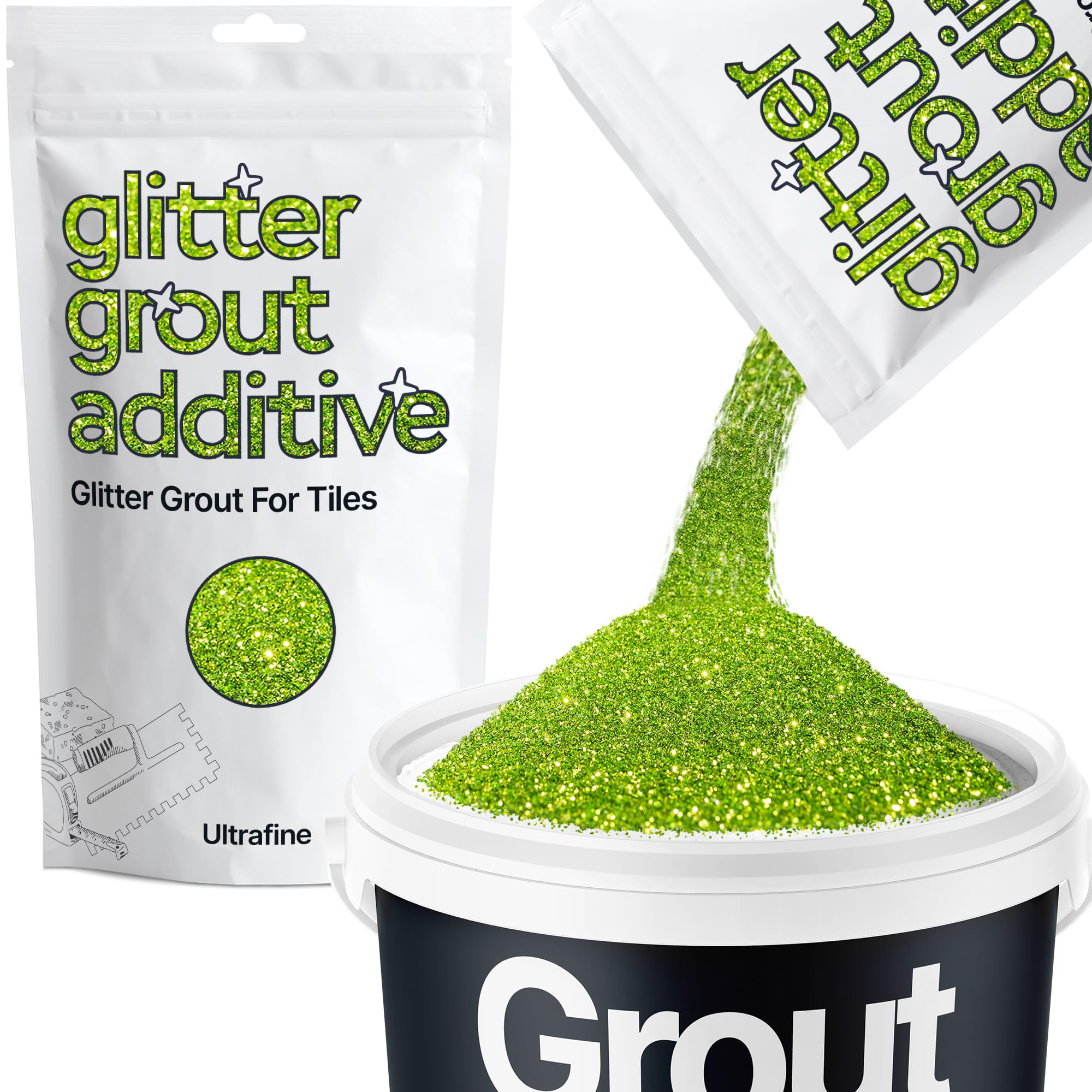 Hemway Lime Green Glitter Grout Additive Ultrafine 100g Metallic Flakes for Adding Sparkle to Kitchen & Bathroom Tiles | Enhance Your Indoor Grouting Projects with a Durable Sparkly Effect