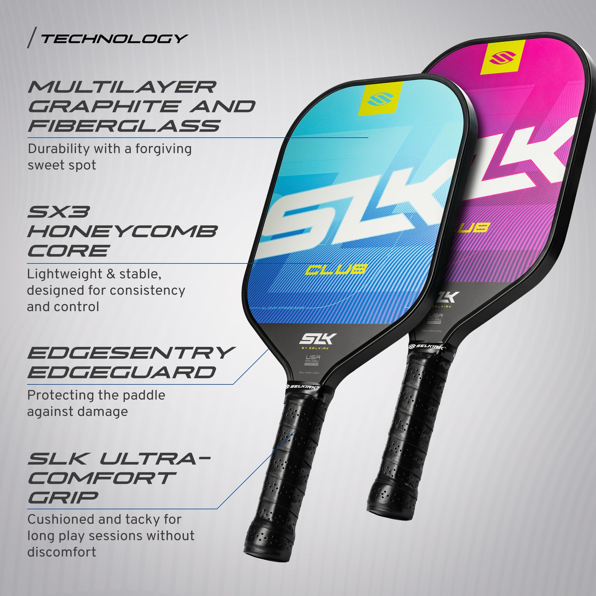 SLK Club Pickleball Paddle Bundle by Selkirk | Graphite & Fiberglass Face | SX3 Honeycomb Core | Ultimate Starter Set | 4 Lightweight Paddles | 6 Hybrid+ Pickleballs | 2 Mesh Sling Bags