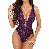 Aranmei Sexy Lingerie for Women Hollow Out Floral Lace Bodysuit One Piece Lingerie Deep V Teddy Babydoll Underwear