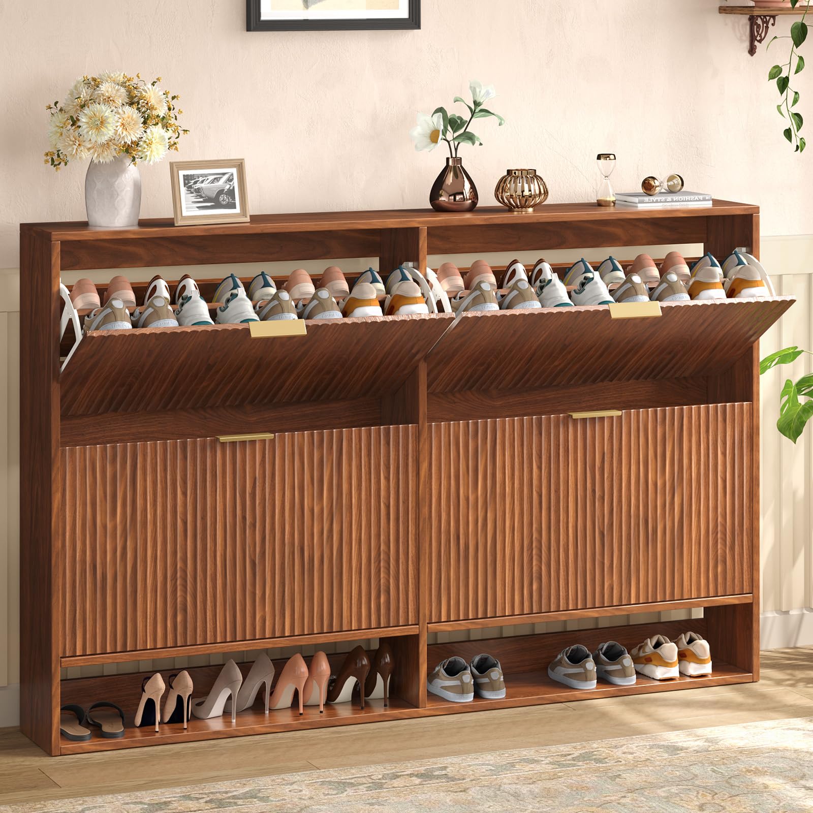 Photo 1 of ****PARTS ONLY****
Hootata 47.2''W Walnut Shoe Storage Cabinet for Entryway with 4 Flip Drawers, Fluted Slim Shoe Cabinet, Free Standing Wooden Shoes Organizer for Foyer, Hallway