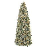 Hykolity 7.5 ft Slim Prelit Christmas Tree with Pine Needle | 798 Branch Tips, 300 Warm White Led Lights, Hinged Design and Sturdy Metal Stand