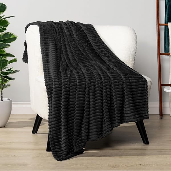 PAVILIA SOFT FLEECE KING BED BLANKET, FUZZY PLUSH FLANNEL, WARM COZY RIBBED MICROFIBER FOR SOFA COUCH, LIGHTWEIGHT STRIPED, BLACK, 108X90