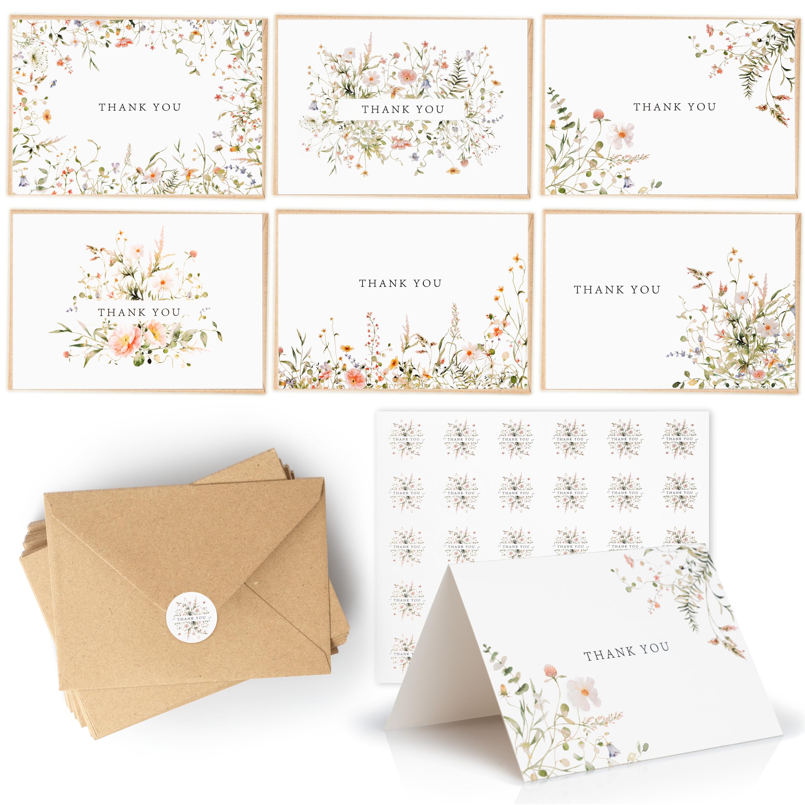 52-pack Floral Thank You Cards Bulk with Kraft Envelopes & Matching Stickers, 3.5x5 Inches, 6 Wildflower Designs | Perfect for Weddings, Baby & Bridal Showers, Graduations & Birthday