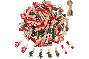 Blulu 100 Pcs Christmas Clips Mini Clothes Pins Red Green Small Wooden Clothespins Photo Clip Set for Xmas DIY Hanging Clip Home School Craft Party Supplies(ChristmasTree, Snowflake, Reindeer, Gloves)