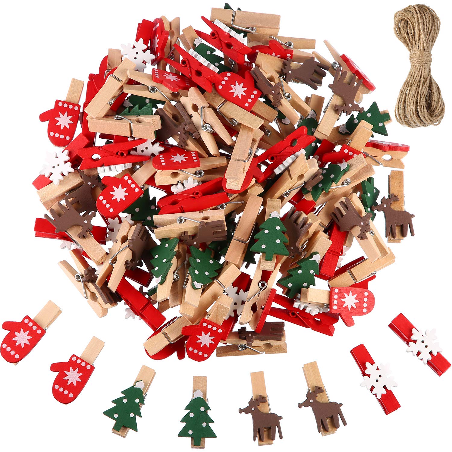 Blulu Christmas Wooden Clips 100 Pieces Mini Wooden Craft Clothespins Photo Paper Peg Pin Craft Clip with 10 Meters Jute Twine(Christmastree, Snowflake, Reindeer, Gloves)