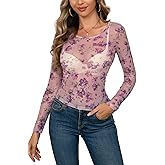 AISEW Womens Floral Mesh Long Sleeve Tops Round Neck Sexy See Through Fitted Tee Shirts Y2K Going Out Crop Top