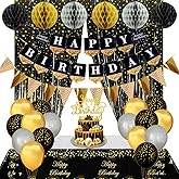 Black & Gold Party Decorations - Happy Birthday Banner, Balloons, Tablecloth, Curtains, Honeycomb Balls