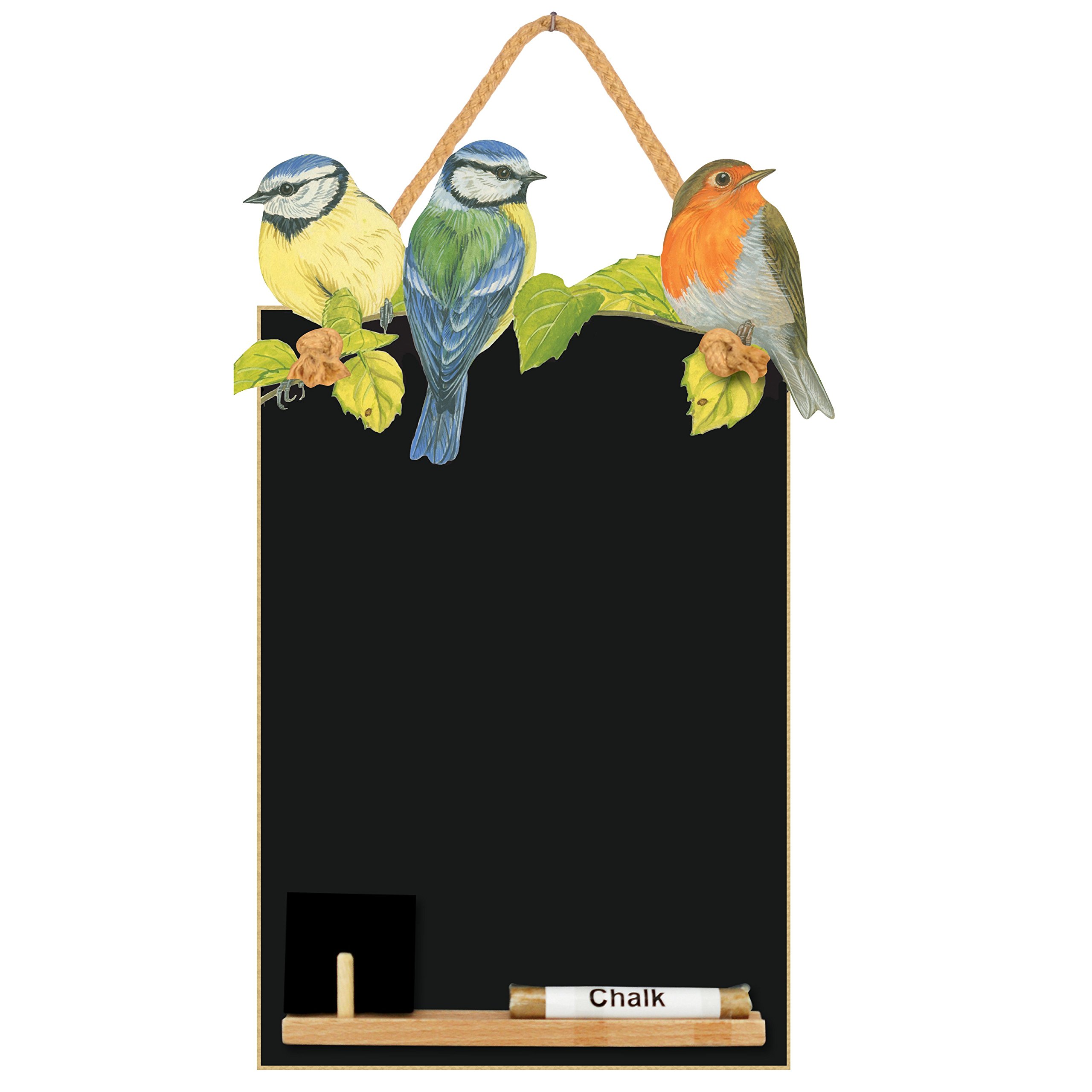 Chalkboards UK Small Memo Board/Chalkboard/Blackboard/Kitchen chalk Board with Printed Garden Birds Artwork, Wooden Tray, Piece of chalk & Felt Eraser. Booth Design Range., Wood, Black, 29.7 x 20.7 x 1 cm