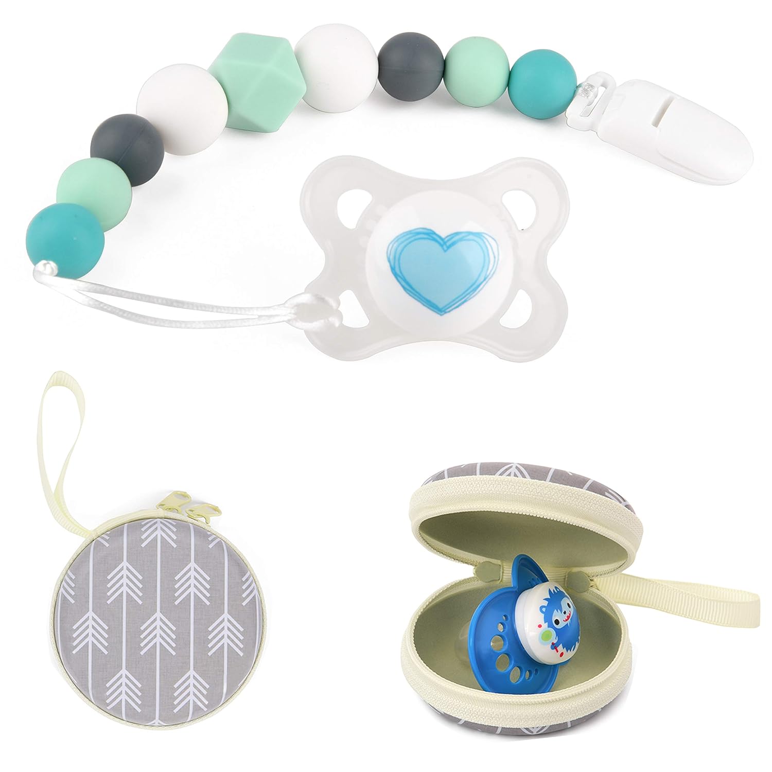Silicone Pacifier Clip by Dodo Babies Pack of 2 + Pacifier Case, Premium Teething Bead Universal Holder Leash for Boys and Girls, Teething Toy or Soothie, Baby Shower Gift Set : Baby