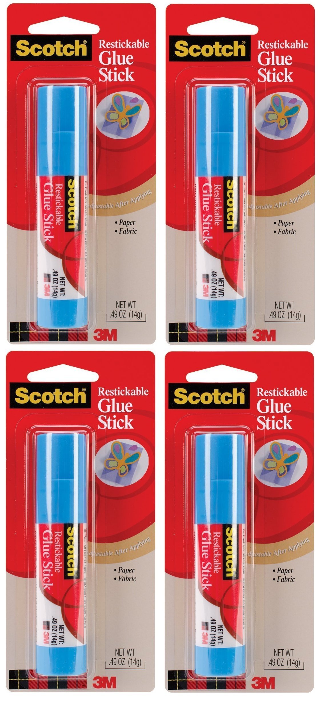 Scotch Removable Restickable Glue Stick, .49oz, Repositionable Stick, 4 Pack