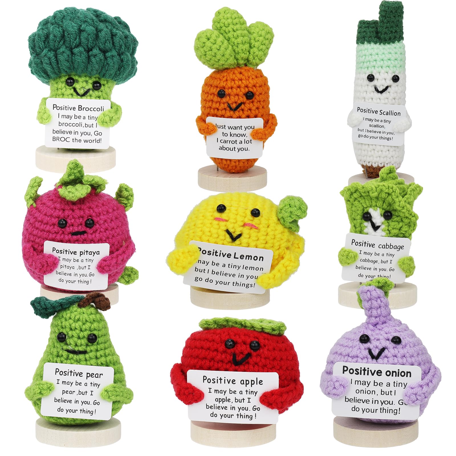 Malloom 9 Pack Emotional Support Crochet Dolls, Mini Positive Crochet Vegetable Dolls Encouragement Gift Handmade Knitted Doll with Stands and Cards for Teachers, Friends, Coworkers, Office — image 1