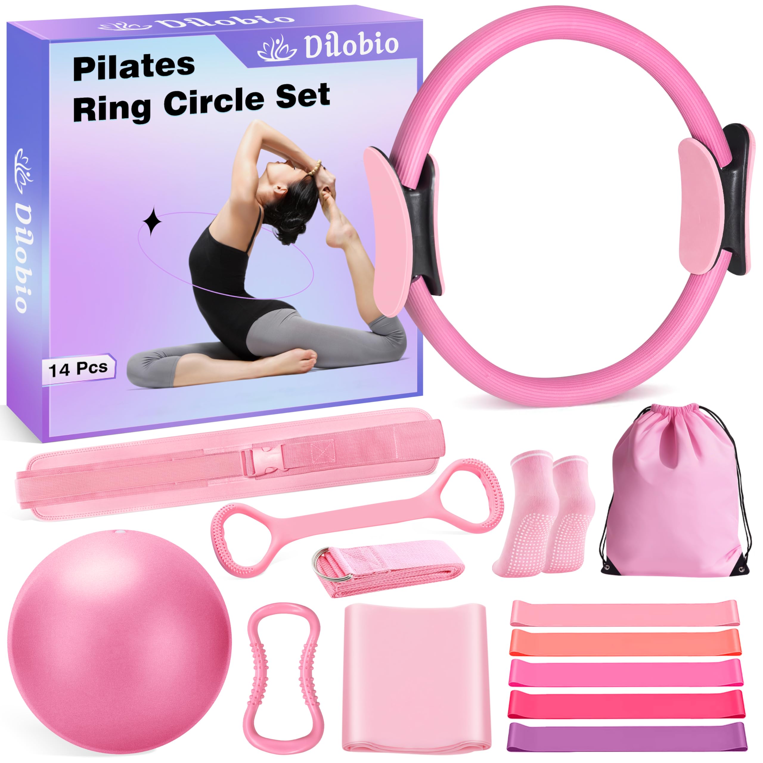 Photo 1 of Dilobio Pilates Kit, Home Pilates Workout Kit for Women, Pilates Equipment Ring and Ball Set, 13" Magic Circle with 5 Resistance Bands, Hip Thrust Belt & Accessories, Toning Fitness Starter Set (Pink)