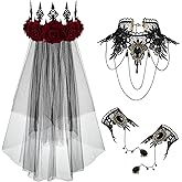 Dingion 5 Pcs Halloween Vintage Rose Floral Gothic Crown Headpiece Black Veil Black Choker Lace Necklace Bracelet Mesh Mantilla with Clip for Women Day of The Dead Costume Cosplay Party