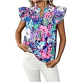 Floerns Women's Summer Blouse Tops Floral Cap Sleeve Notched Neck Dressy Casual Shirts