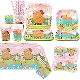 Obussgar Pink Capybara Party Decoration - Capybara Birthday Party Tableware Supplies Includes Plates, Cups, Napkins, Tablecloth, Straws (20)