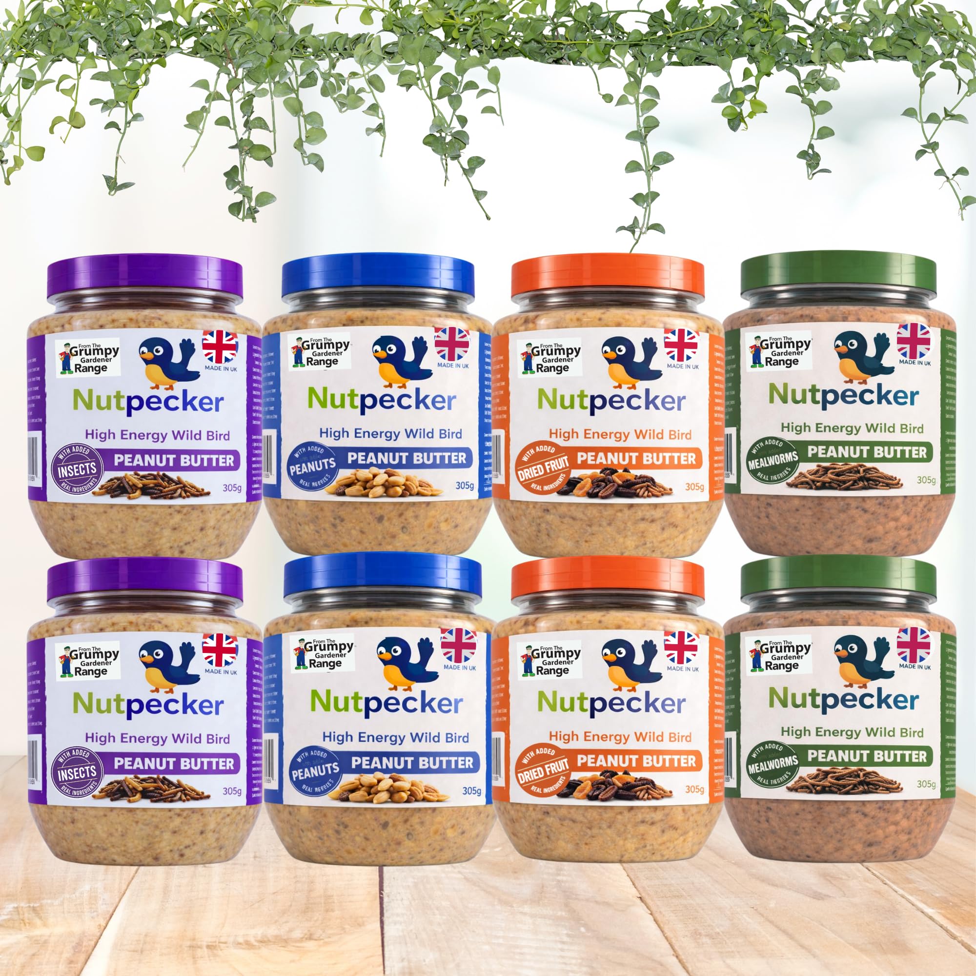 Grumpy Gardener NutPecker Peanut Butter Bird Food for Wild Birds - Mixed Variety Suet Bird Feeding Nourishment, High-Energy Made in the UK Wild Bird Food | Variety Flavors 8 x 330g each
