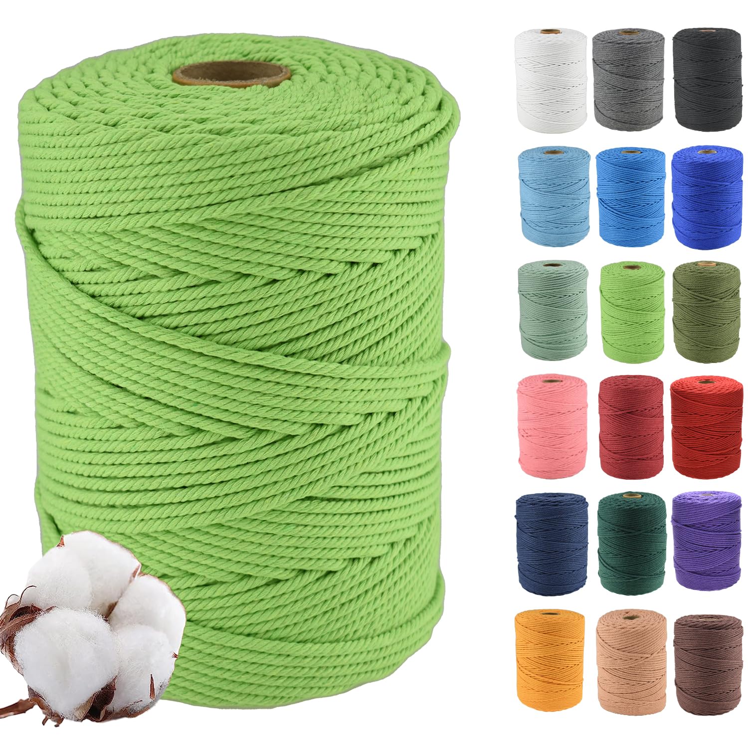 Klhamky 3mm×500m Macrame Cotton Cord, Soft 4 Strand Twisted 100% Natural Cotton for Handmade Wall Hanging, DIY, Craft Making, Knitting, Plant Hangers, Decorative Projects (3mm×500m, Light Green) — image 1