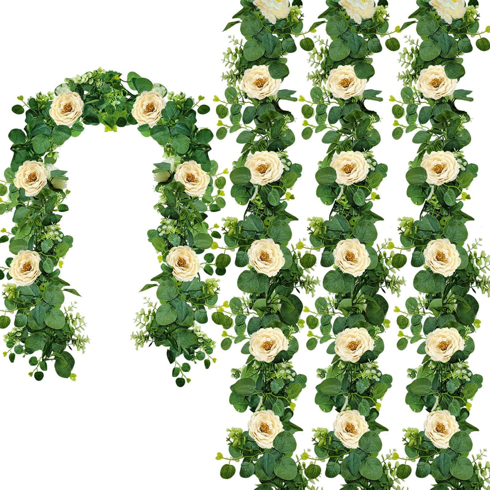 Photo 1 of 4 Packs 24FT Artificial Eucalyptus Flower Garland with White Camellias, Faux Greenery Garland Wedding Decor Fake Flower Rose Hanging Vine for Home Yard Table Party Decor