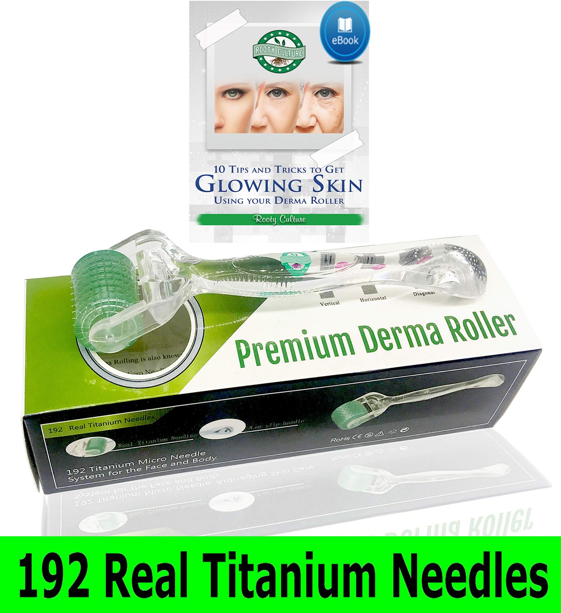 Rooty Culture Derma Roller 0.25mm Microneedle Instrument for Face - 192 Titanium Needle Facial Dermal Microdermabrasion Needling Kit for Skin Care with Ebook & Storage Case